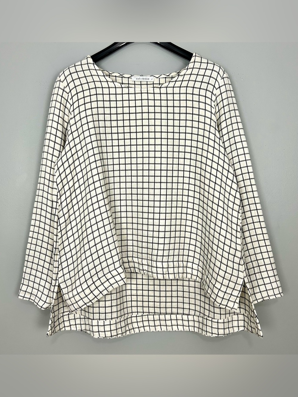 Cut Loose Linen-Blend Grid Plaid Top Women’s Size L Oversized Lightweight Boho